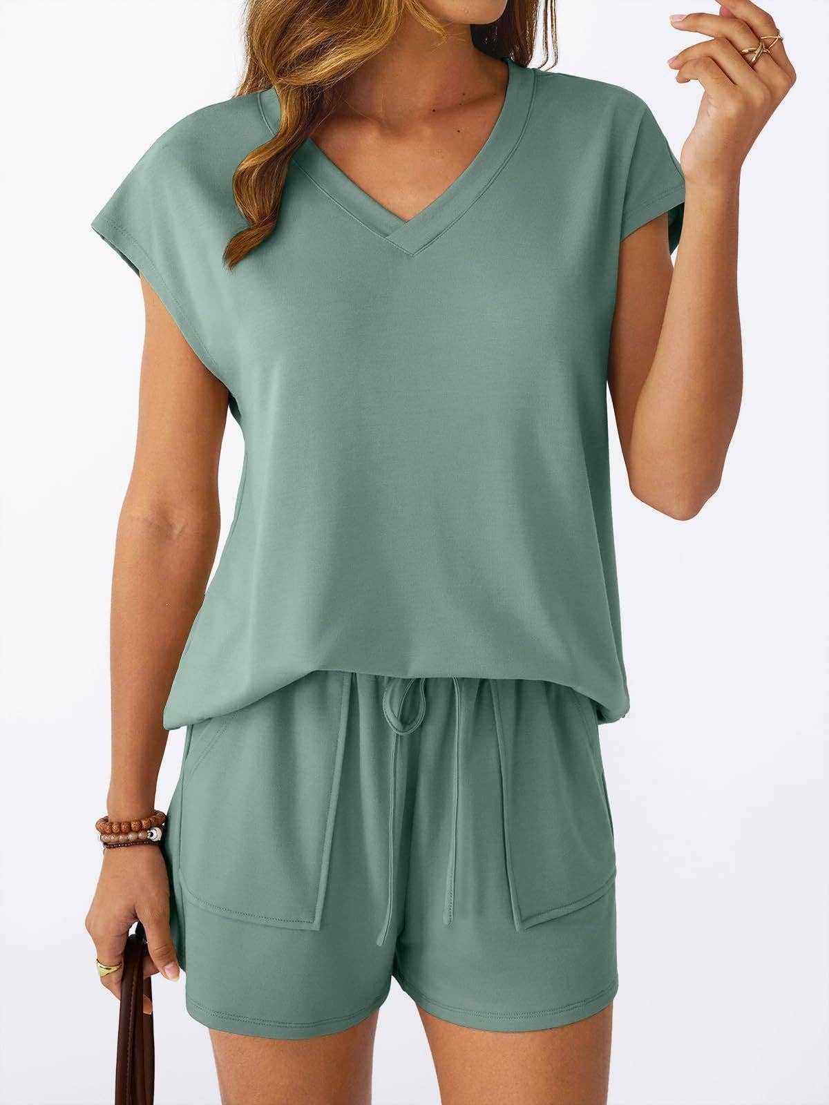 Women’s V Neck Short Sleeve Top and Drawstring Shorts Set Casual Summer Lounge Outfit