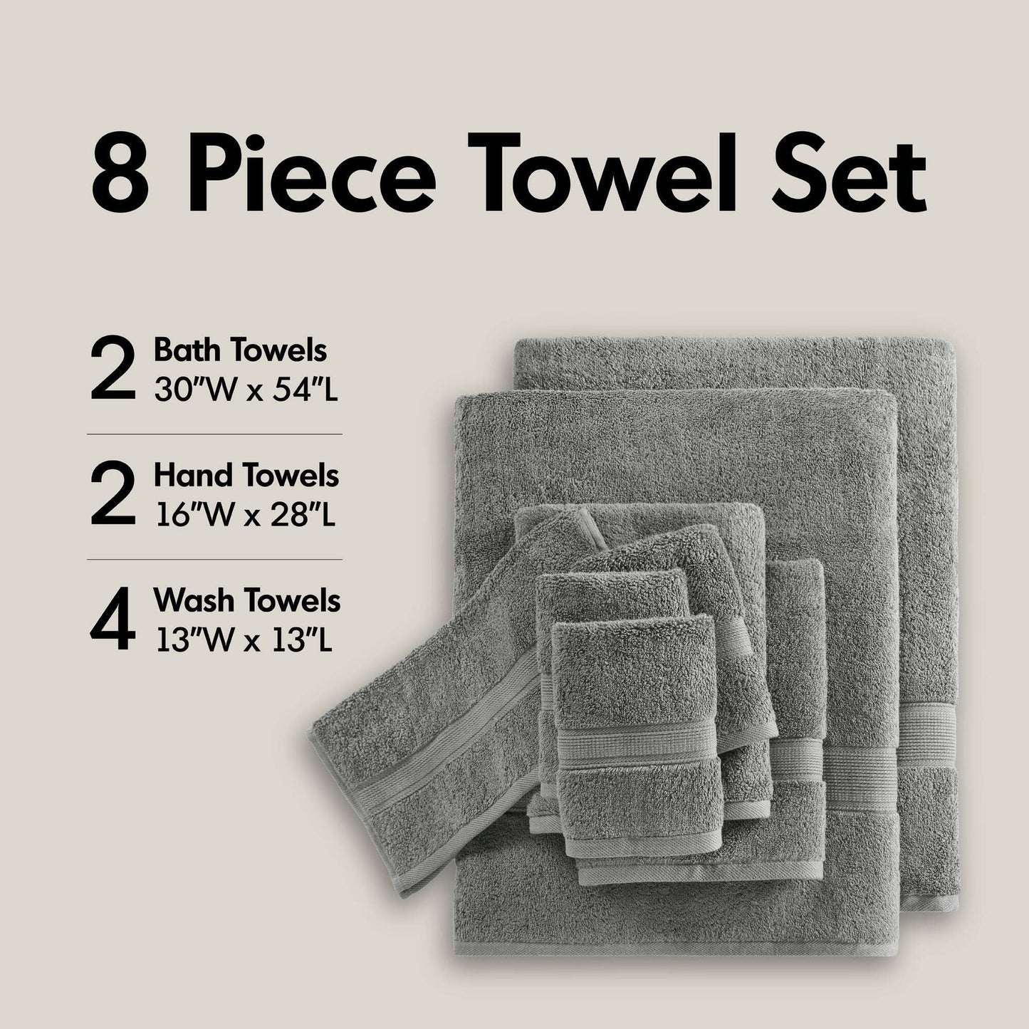 Antibacterial Spa-Like 8-Piece Bathroom Towel Set, Grey