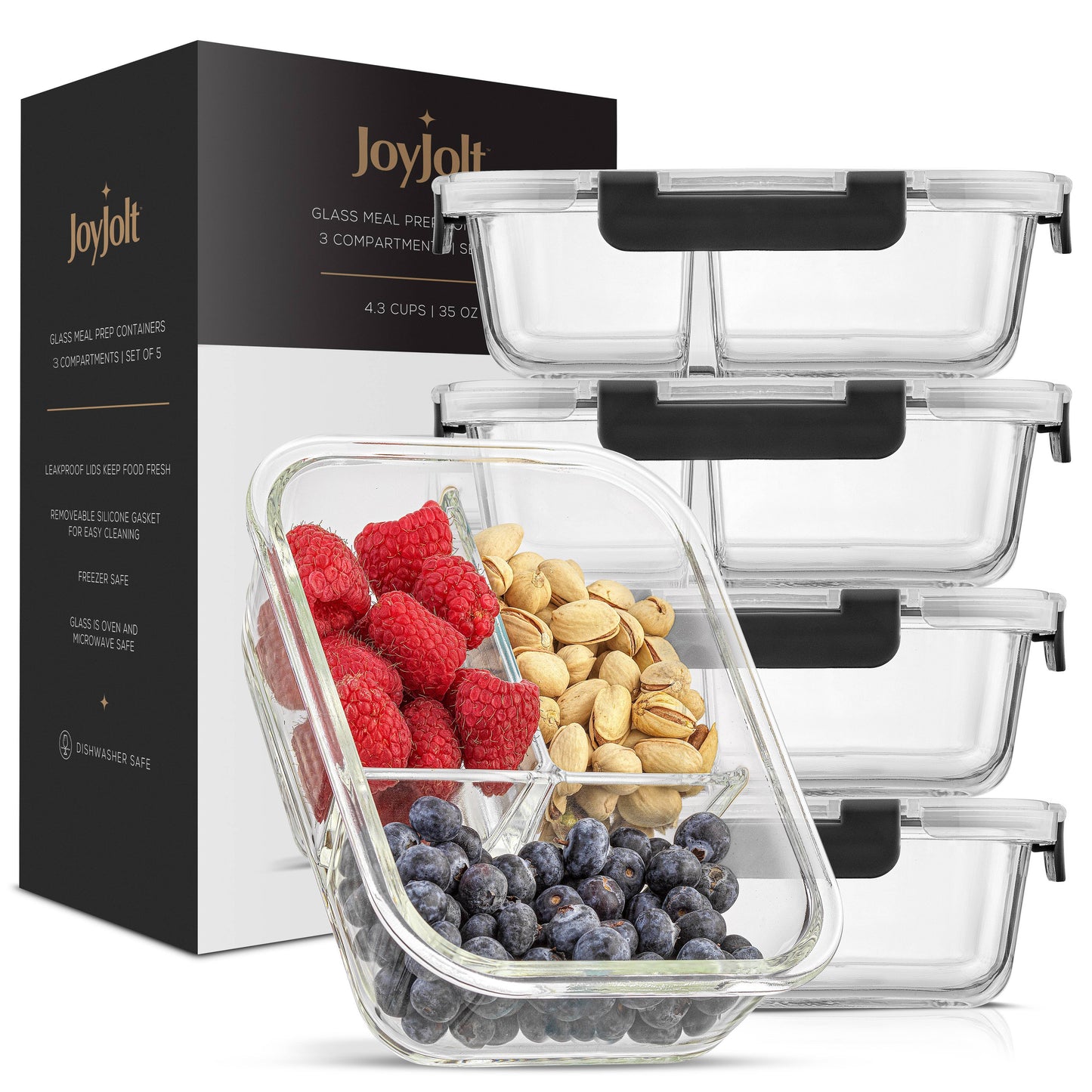 JoyJolt 3-Sectional Food Prep Storage Containers - Set of 5: Black