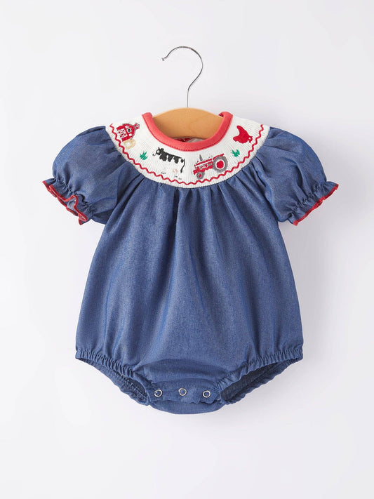 Girls Farm Smocking Embroidered Blue Dress: 3M - Edwina Alexis