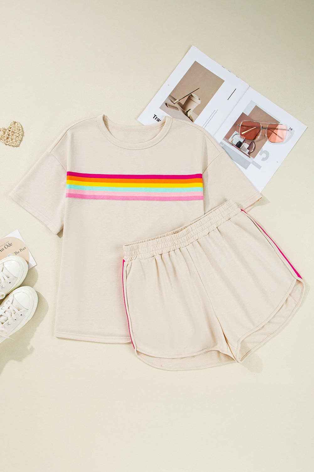 Rose Red Vibrant Striped Detail Athleisure 2pcs Short Set