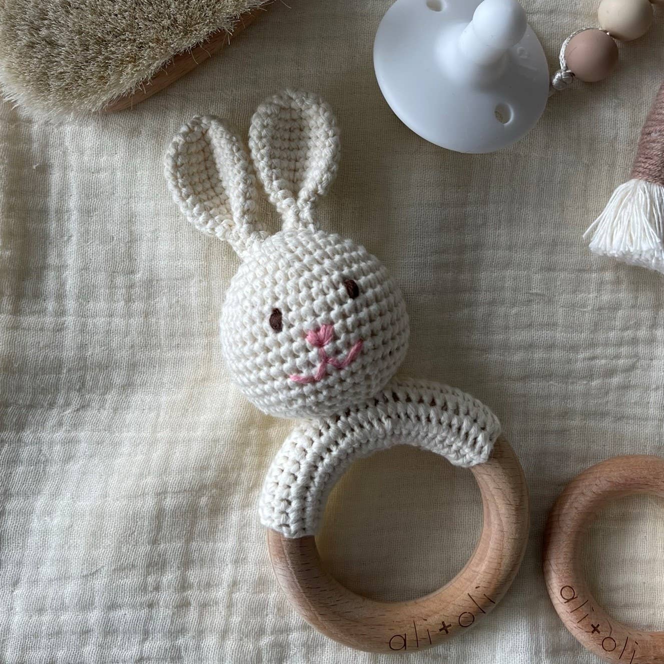 Baby Teething Toy Rattle Wood Ring Crochet (Bunny) - Edwina Alexis