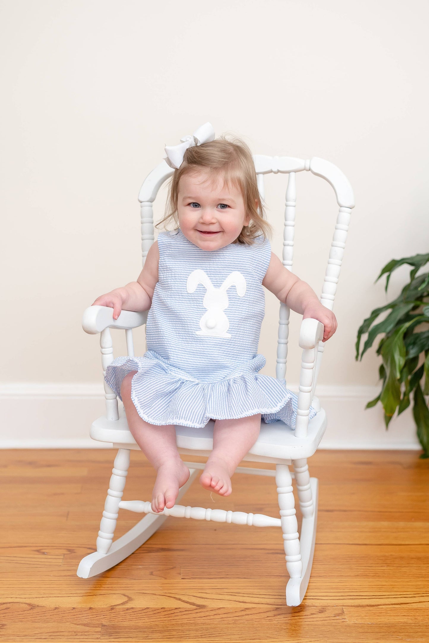 Light Blue Seersucker Pom Pom Bunny Swing Dress: 12-18M