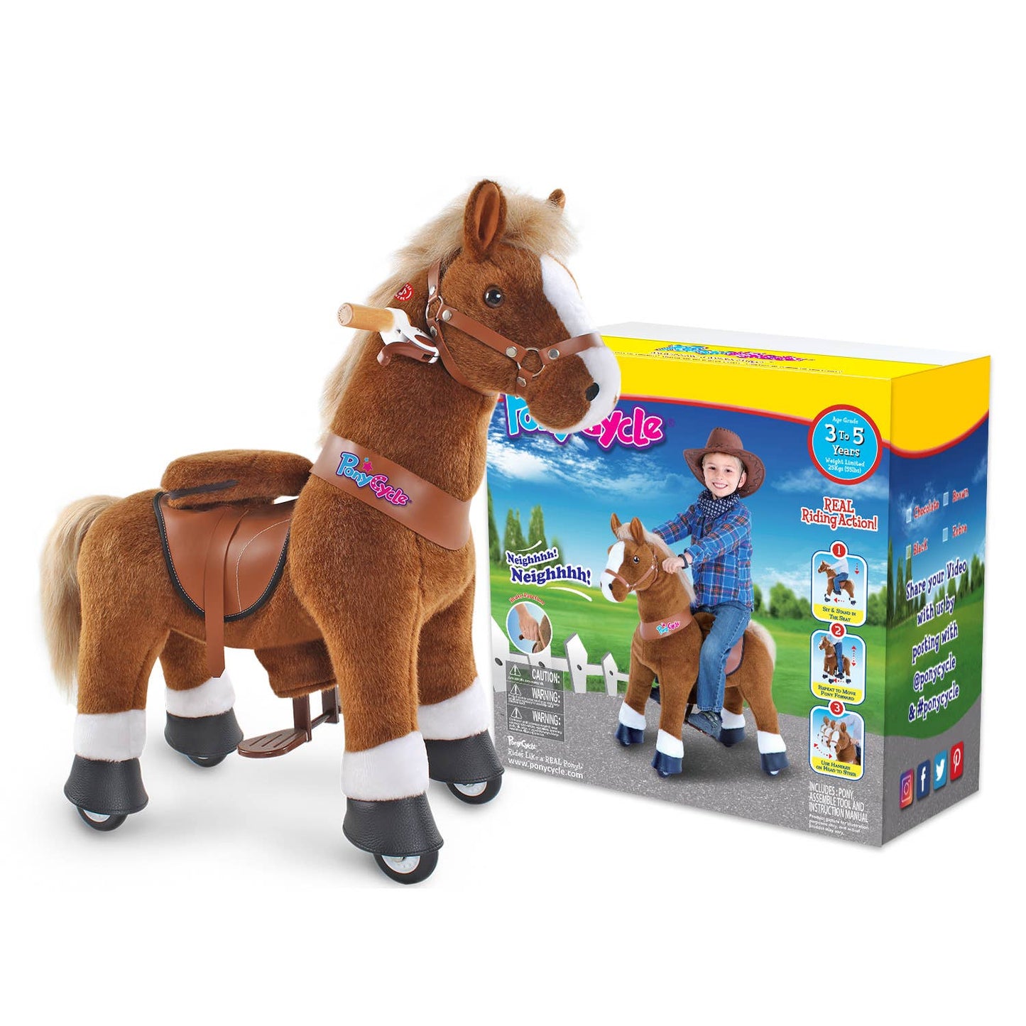 PonyCycle Ride-On Brown Horse | Plush Animal Riding Pony Toy: S - Age 3-4