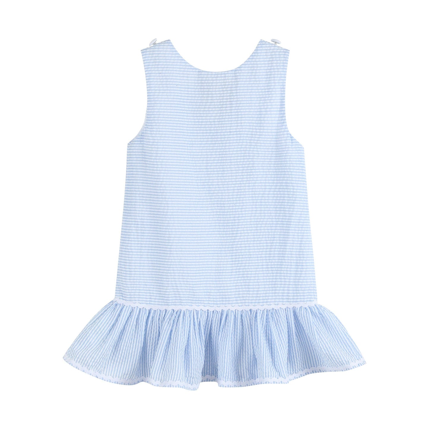 Light Blue Seersucker Pom Pom Bunny Swing Dress: 12-18M