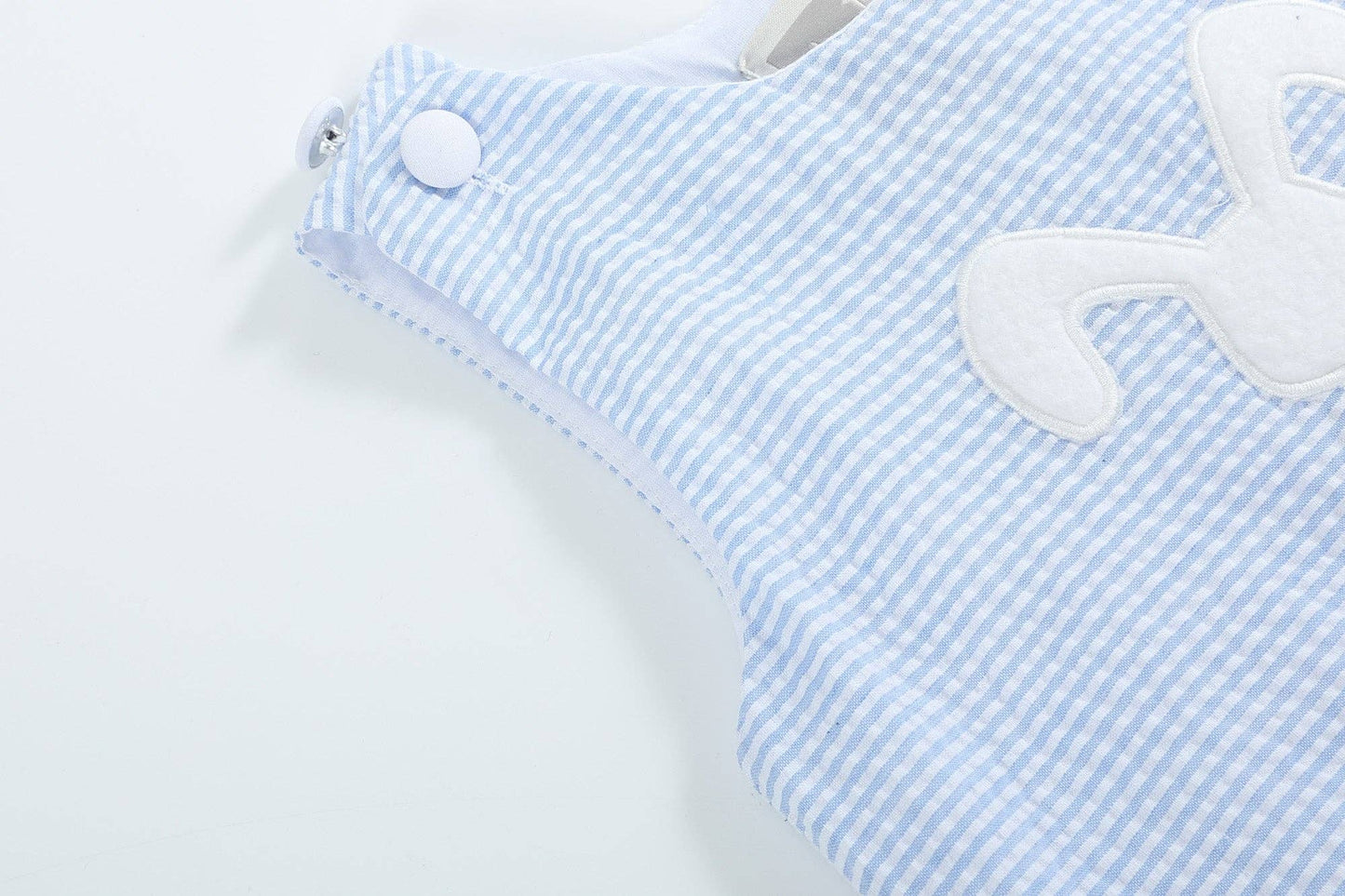Light Blue Seersucker Pom Pom Bunny Swing Dress: 12-18M