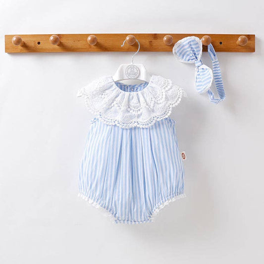 Baby Girl Stripped Pattern Ruffles Collar Onesie: Blue / 80 (9-12M) - Edwina Alexis