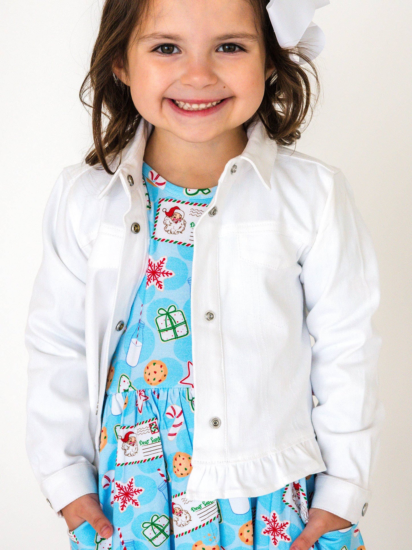 Girls White Stretch Denim Ruffle Jean Jacket with Heart Buttons: White / 2T