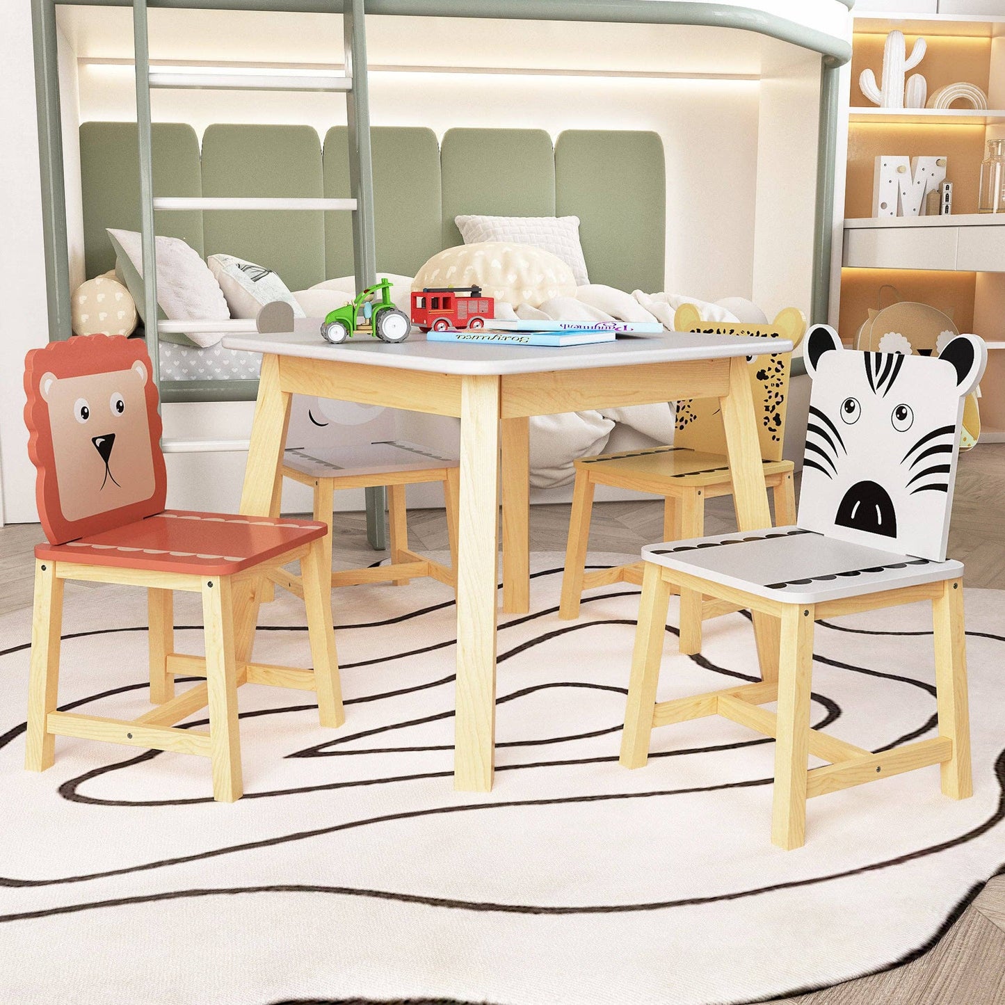 Kids Table and Chair Set with Cartoon Animal Backs, 5-Piece: Default