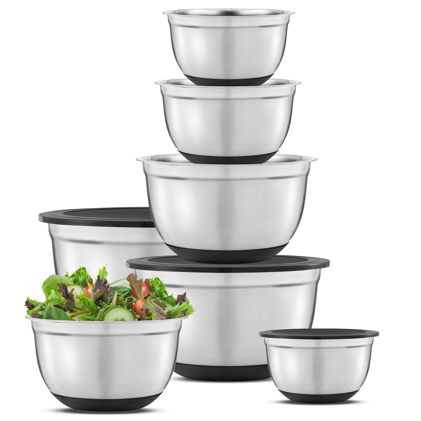 JoyJolt Stainless Steel Bowls with Lids - Set of 7 - Black