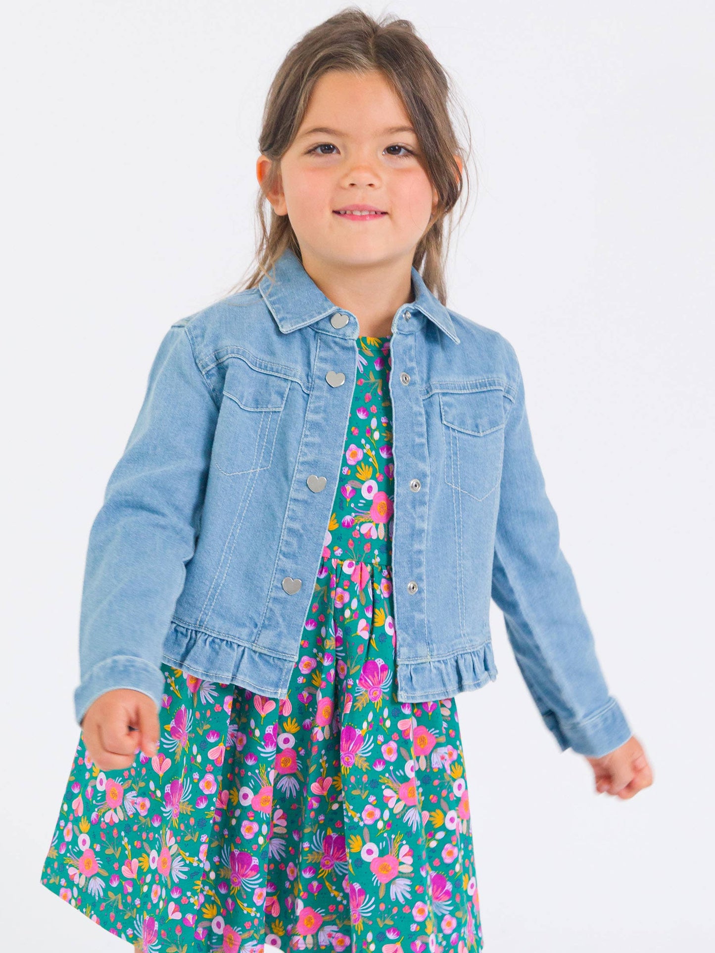 Girls Light Wash Denim Stretch Denim Ruffle Jean Jacket with Heart Buttons: Blue / 2T