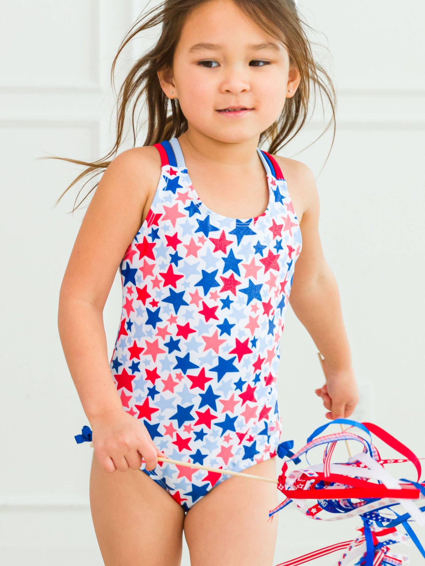 Girls Shimmer Star-Spangled Cross-Back One Piece Swimsuit