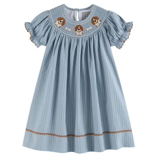 Light Blue Puppy Smocked Bishop Dress: 12-18M