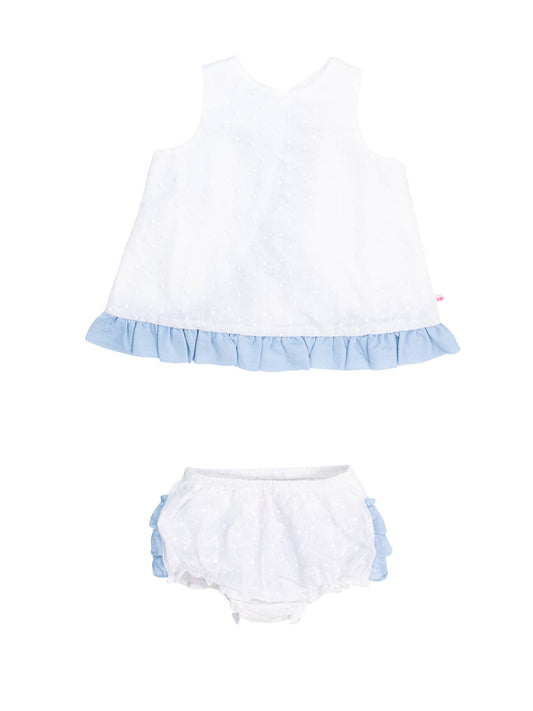 Baby Girls White & Light Blue Swiss Dot Swing Top & Bloomer Set: White / 12-18m