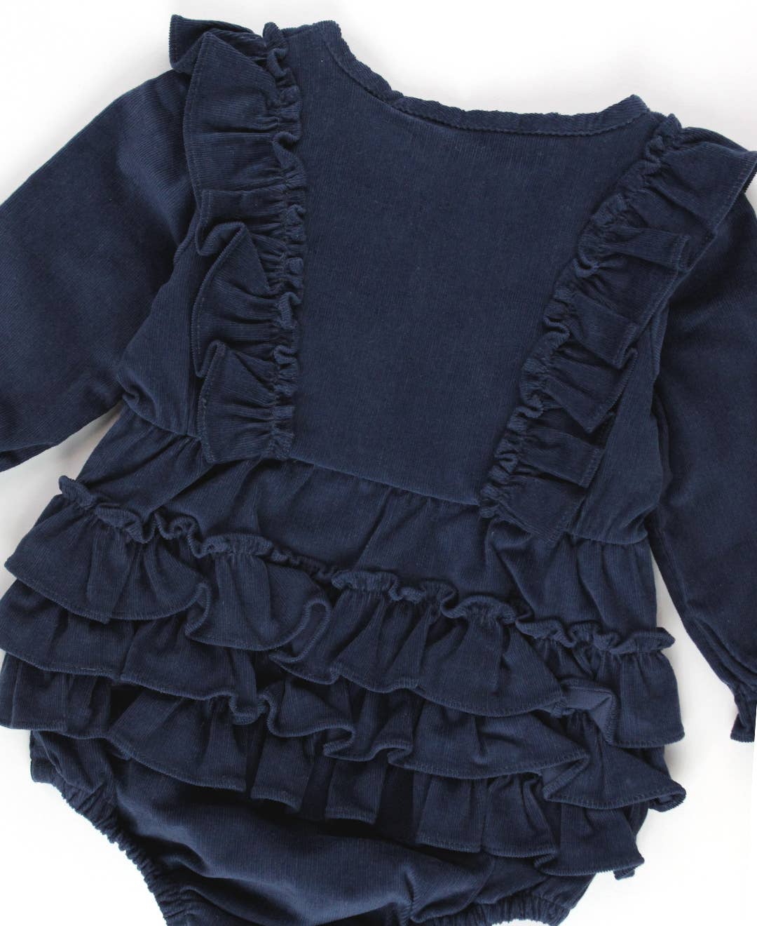 Baby Girls Dark Navy Stretch Corduroy Waterfall Bubble Romper: Blue / 18-24m