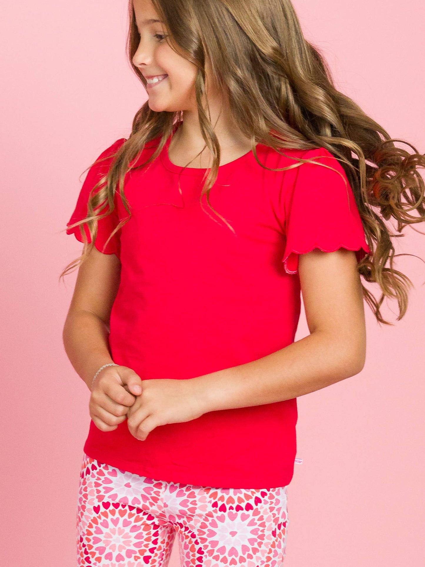 Girls Red Knit Short Sleeve Scallop Tee: Red / 18-24m