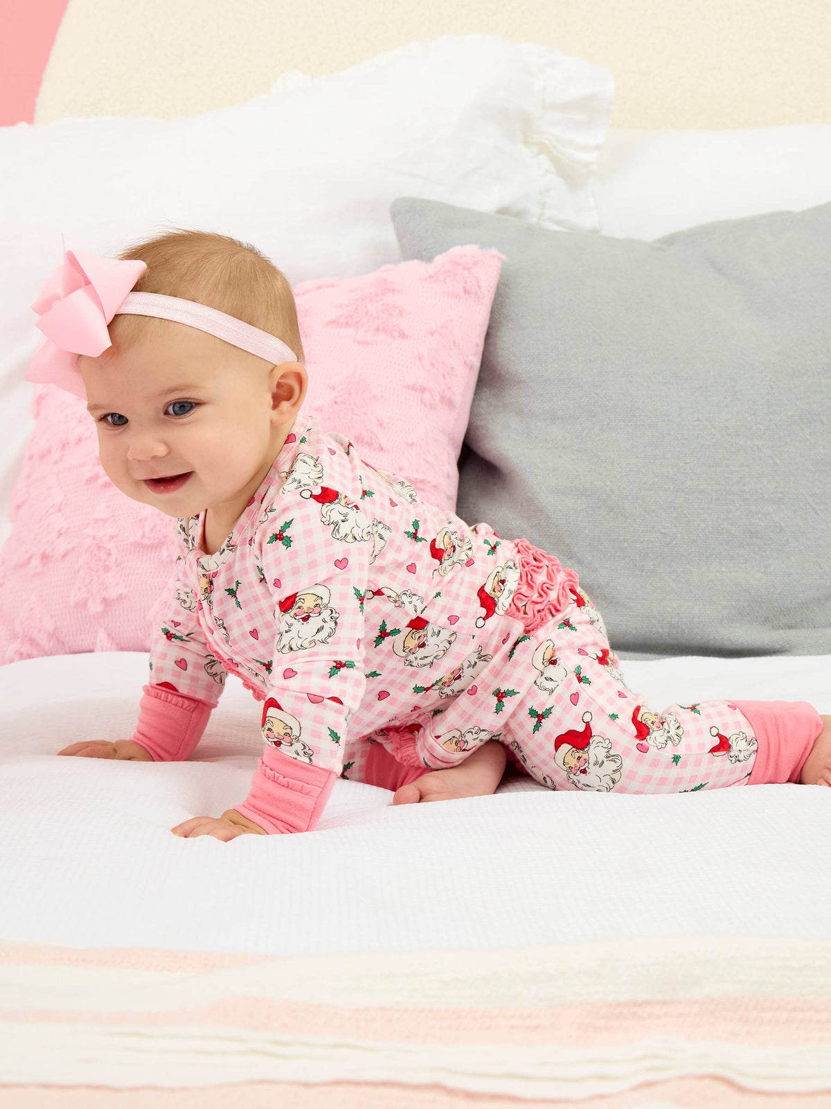 SoftSnooze™ Baby Girls Bamboo Viscose Pink Dear Santa Convertible Ruffle One Piece Footie Pajama