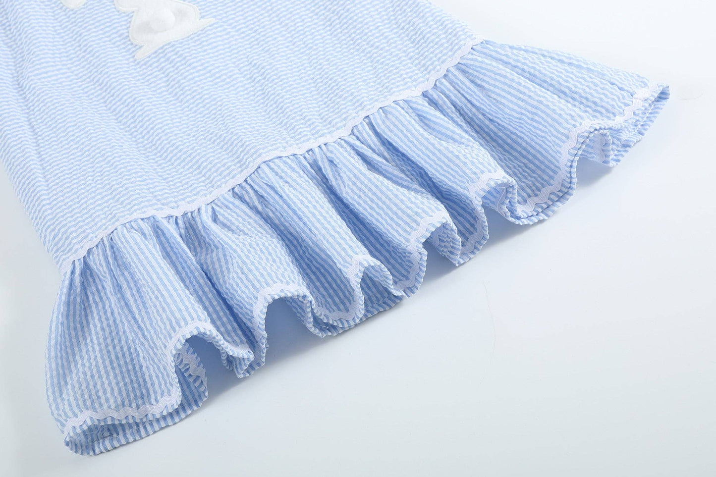Light Blue Seersucker Pom Pom Bunny Swing Dress: 12-18M