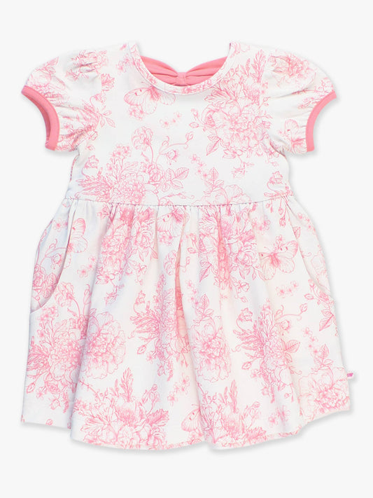 Girls Bubblegum Pink Butterfly Garden Toile Puff Short Sleeve Bow Twirl Dress: Pink / 12-18m