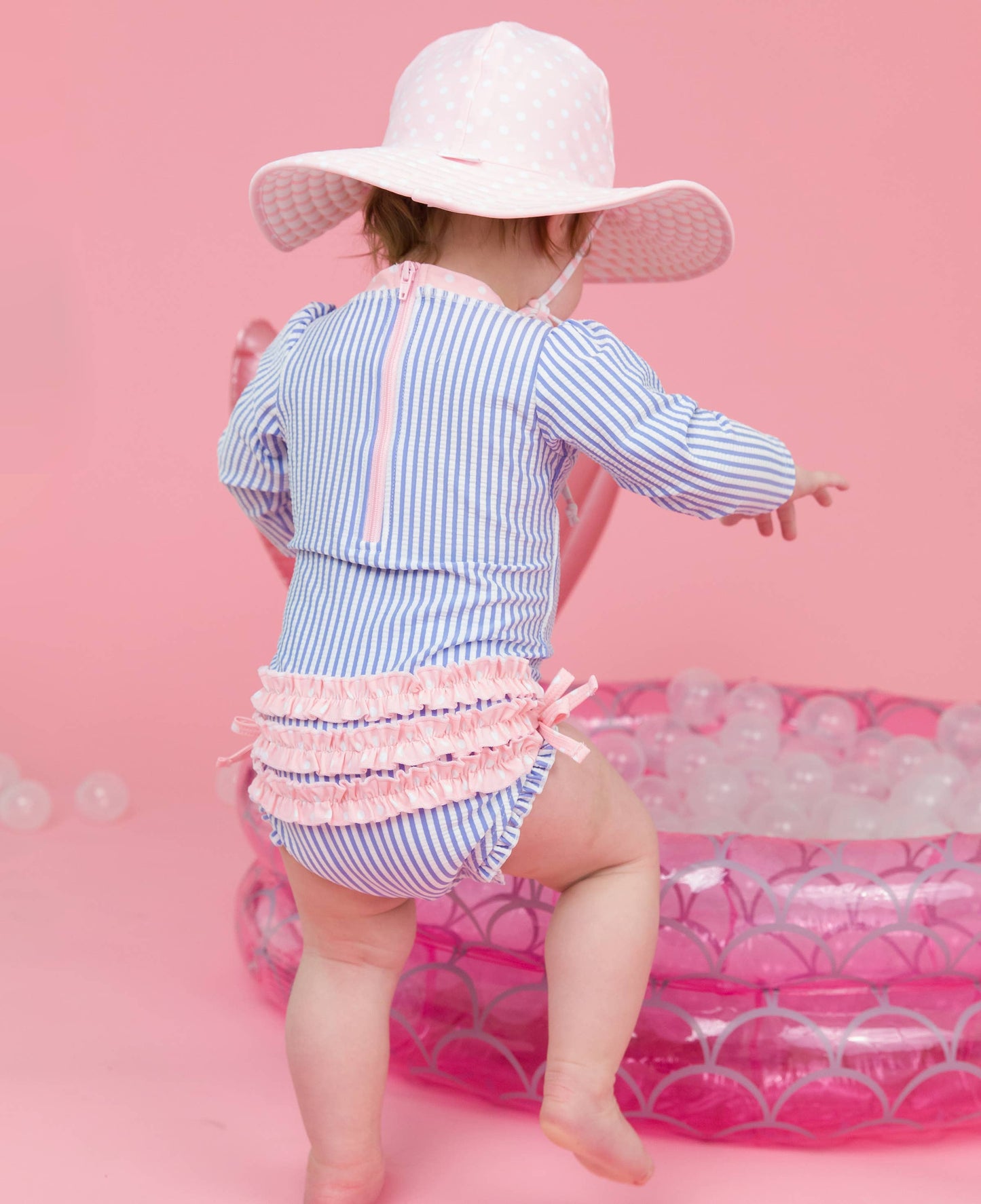 Baby Girls Periwinkle Blue Seersucker Long Sleeve One Piece Rash Guard Swimsuit with Signature Rear Ruffles