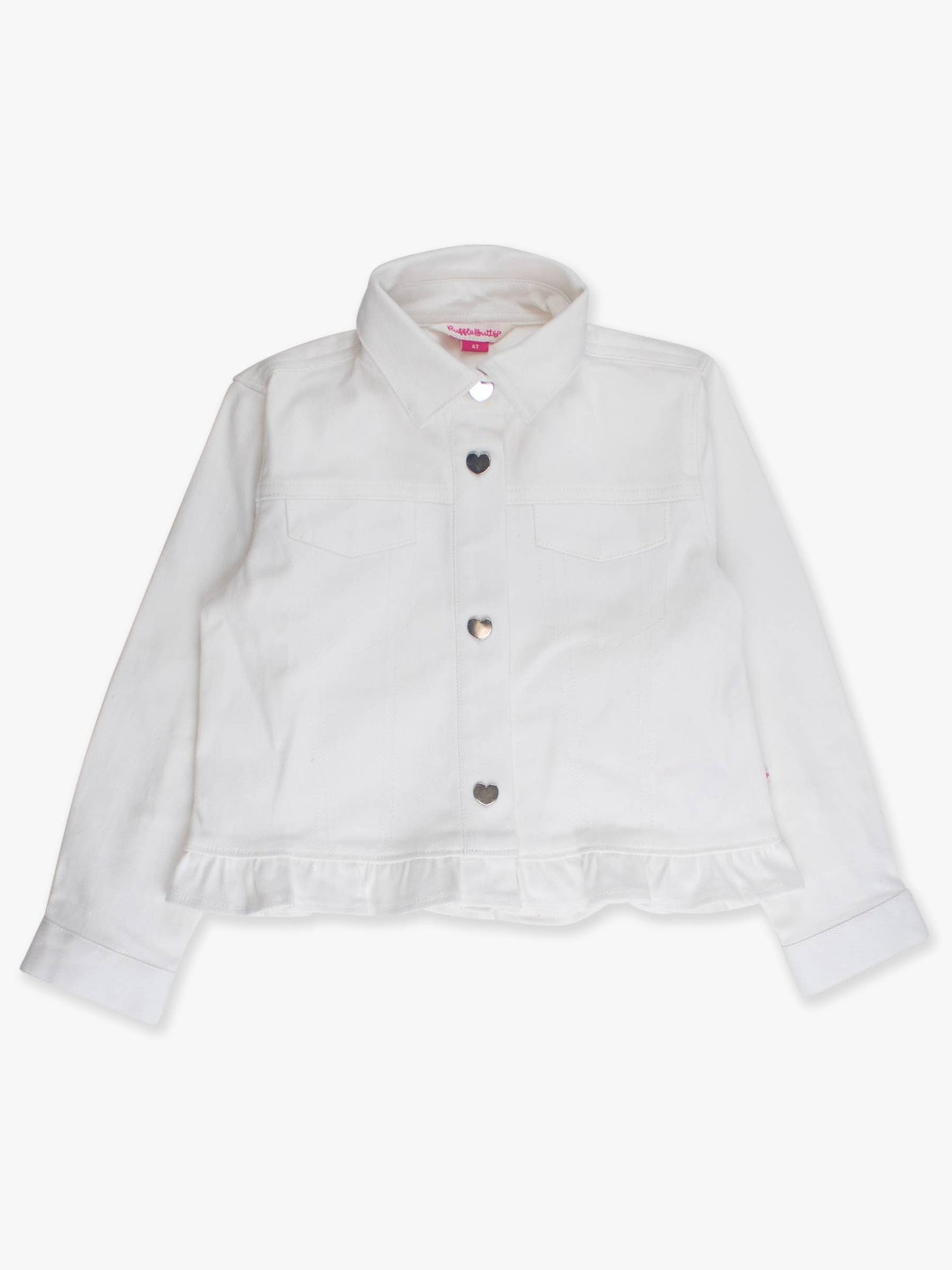 Girls White Stretch Denim Ruffle Jean Jacket with Heart Buttons: White / 2T
