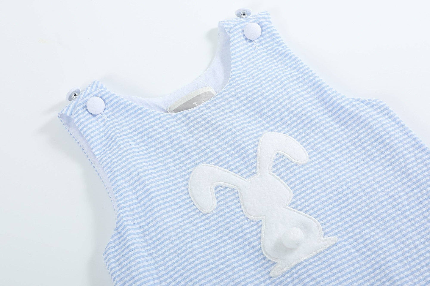 Light Blue Seersucker Pom Pom Bunny Swing Dress: 12-18M
