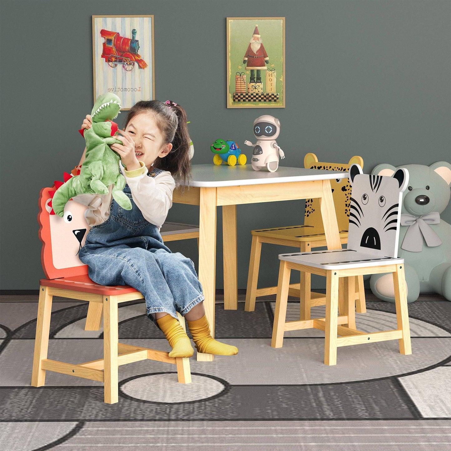 Kids Table and Chair Set with Cartoon Animal Backs, 5-Piece: Default
