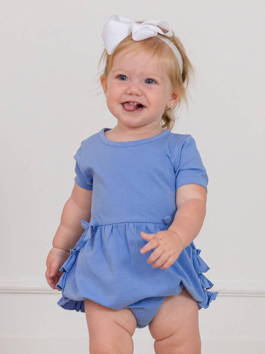 Baby Girls Periwinkle Blue Knit Short Sleeve Bow Bubble Romper: Blue / 12-18m