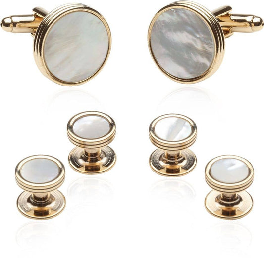 Men's Mother of Pearl Gold Tuxedo Cufflinks Studs Set - Edwina Alexis