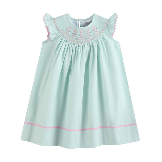 Misty Blue Easter Bunny Smocked Bishop Dress: 5Y