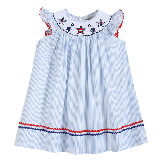 Blue Striped 4th of July Stars Smocked Bishop Dress: 5Y