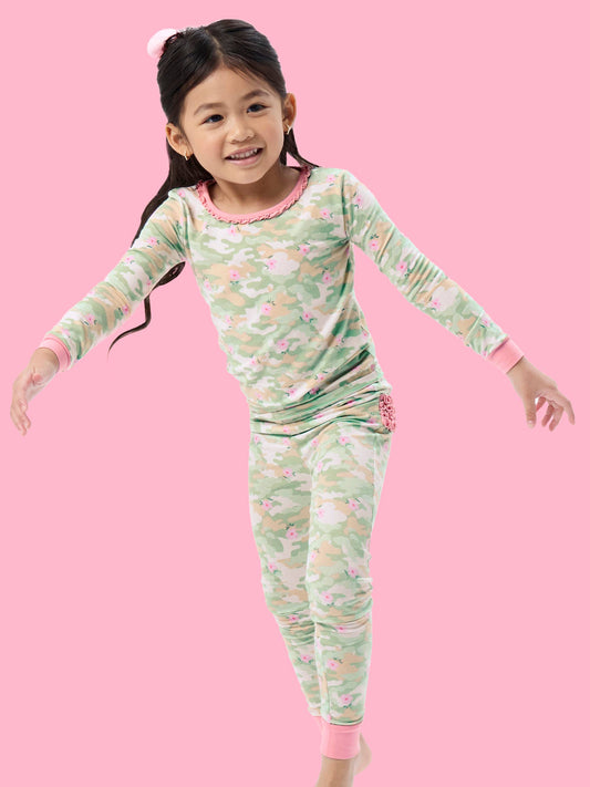 SoftSnooze™ Toddler Girls Cotton Modal Sage Blossom Camo Ruffle Long Sleeve Pajama Set with Signature Rear Ruffles
