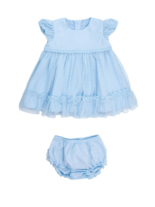 Baby Girls Light Blue Dotted Tulle Dress & RuffleButt Set: Blue / 12-18m