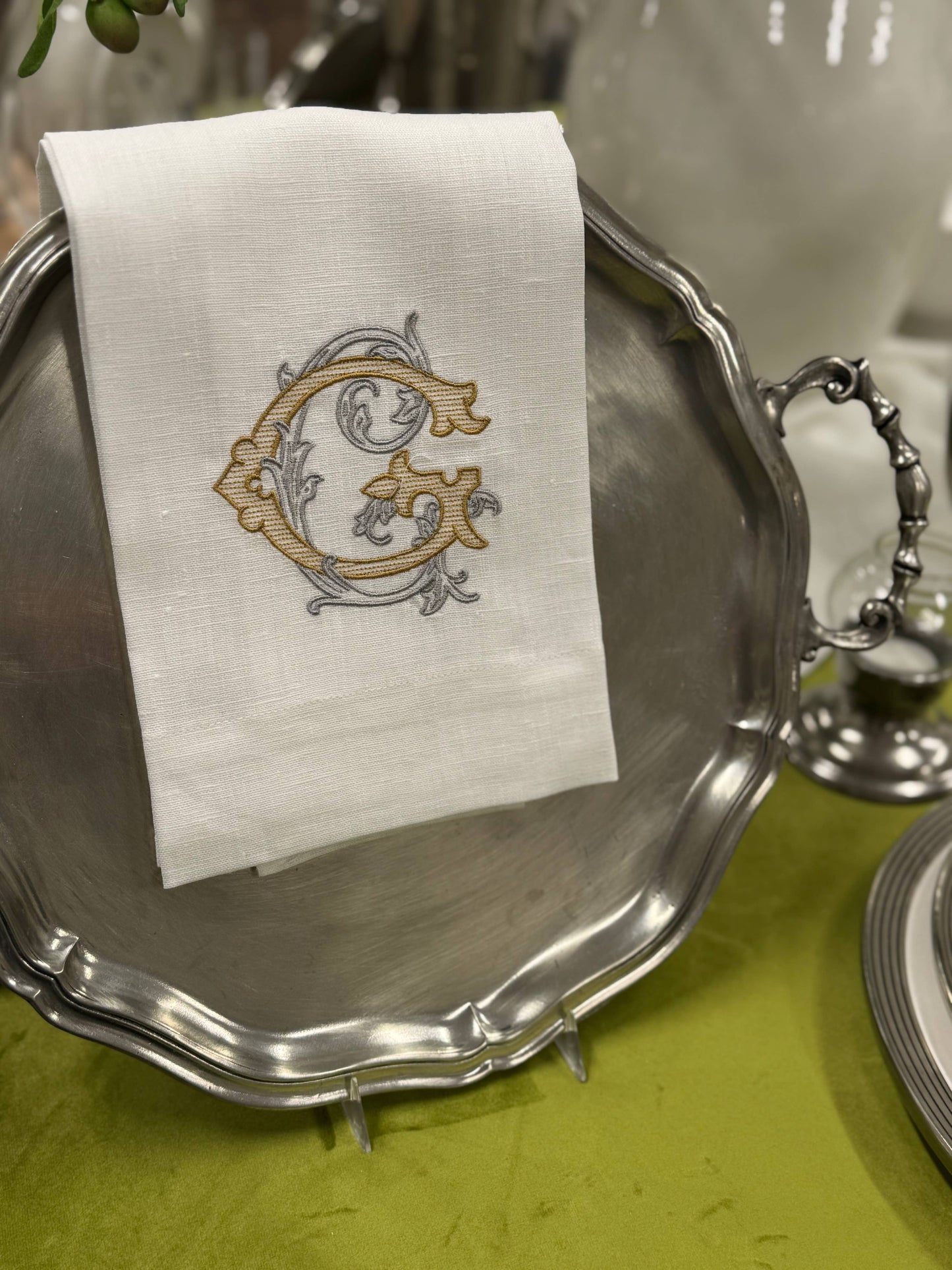 Vintage Vine Monogram Linen Towel: V