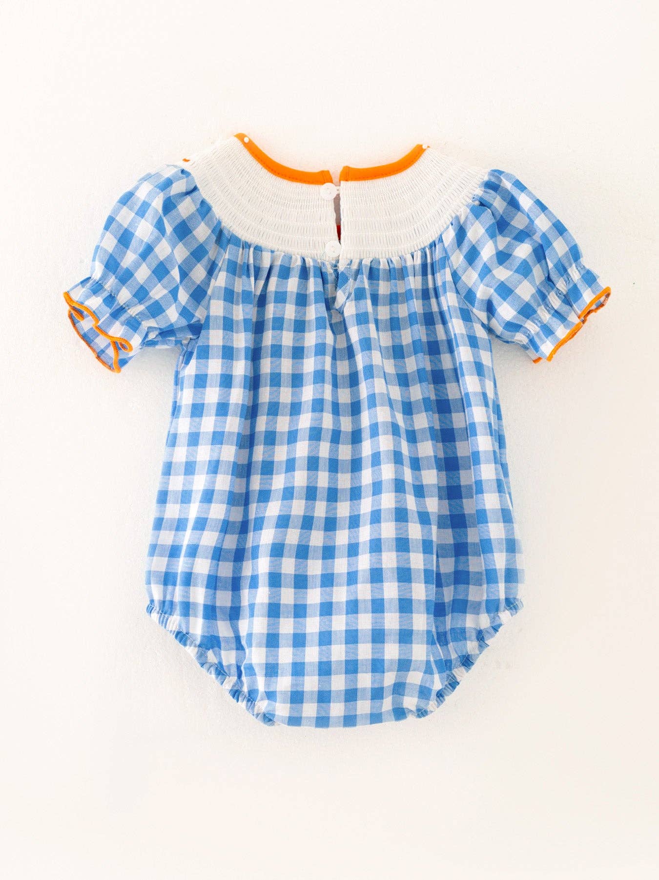 Halloween Bule Girls Woven Smocking Embroidered Plaid Romper: 3M - Edwina Alexis