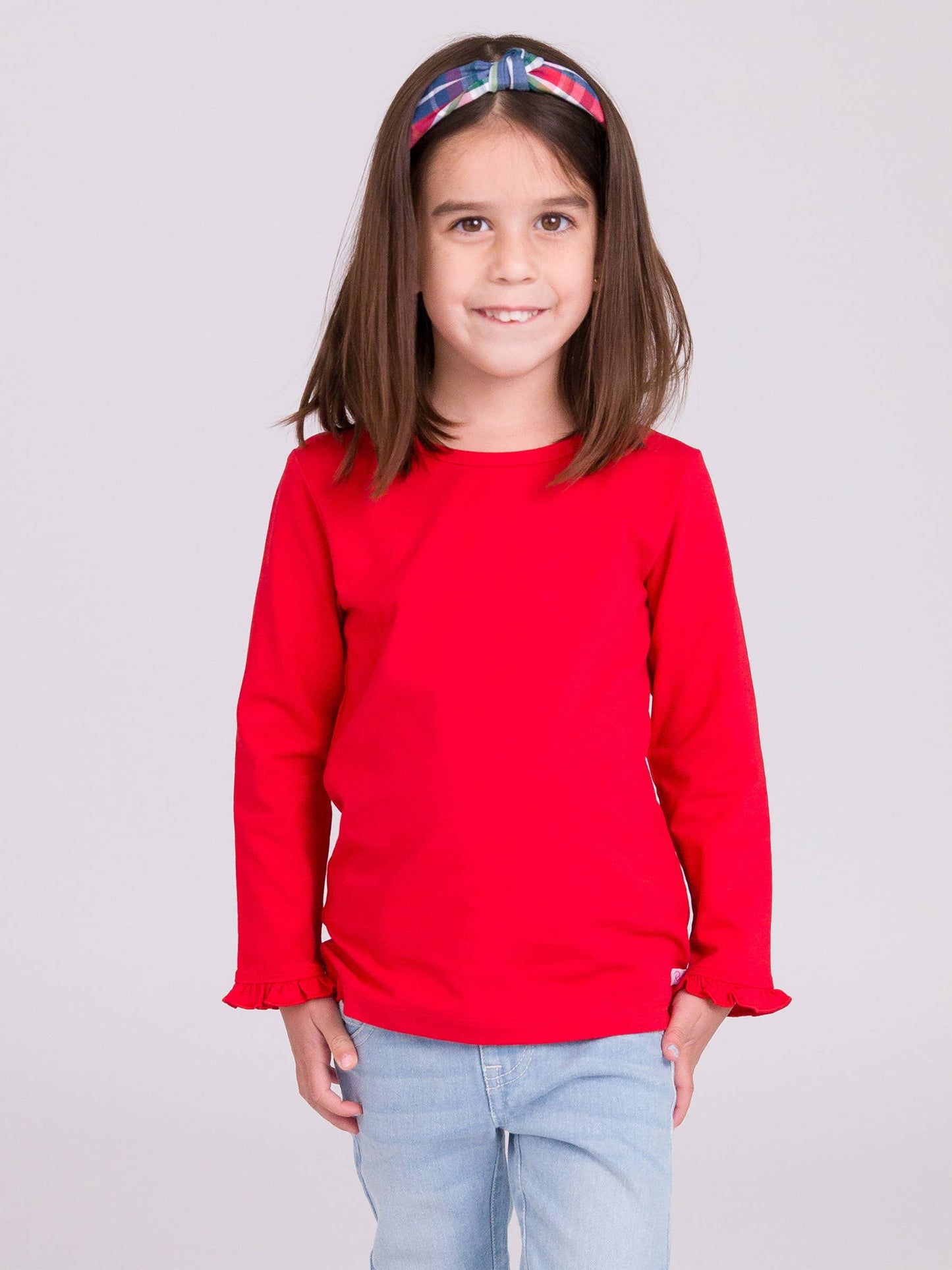 Girls Red Knit Long Sleeve Ruffle Sleeve Top: Red / 18-24m