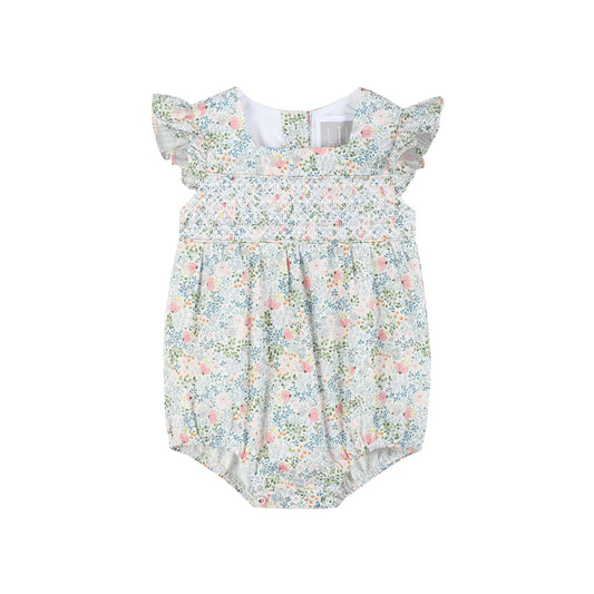 Pink Floral Print Smocked Futter Romper: 12-18M