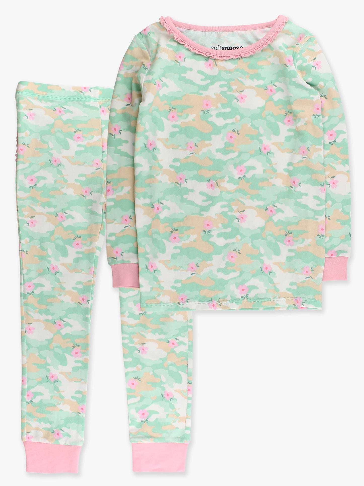 SoftSnooze™ Toddler Girls Cotton Modal Sage Blossom Camo Ruffle Long Sleeve Pajama Set with Signature Rear Ruffles
