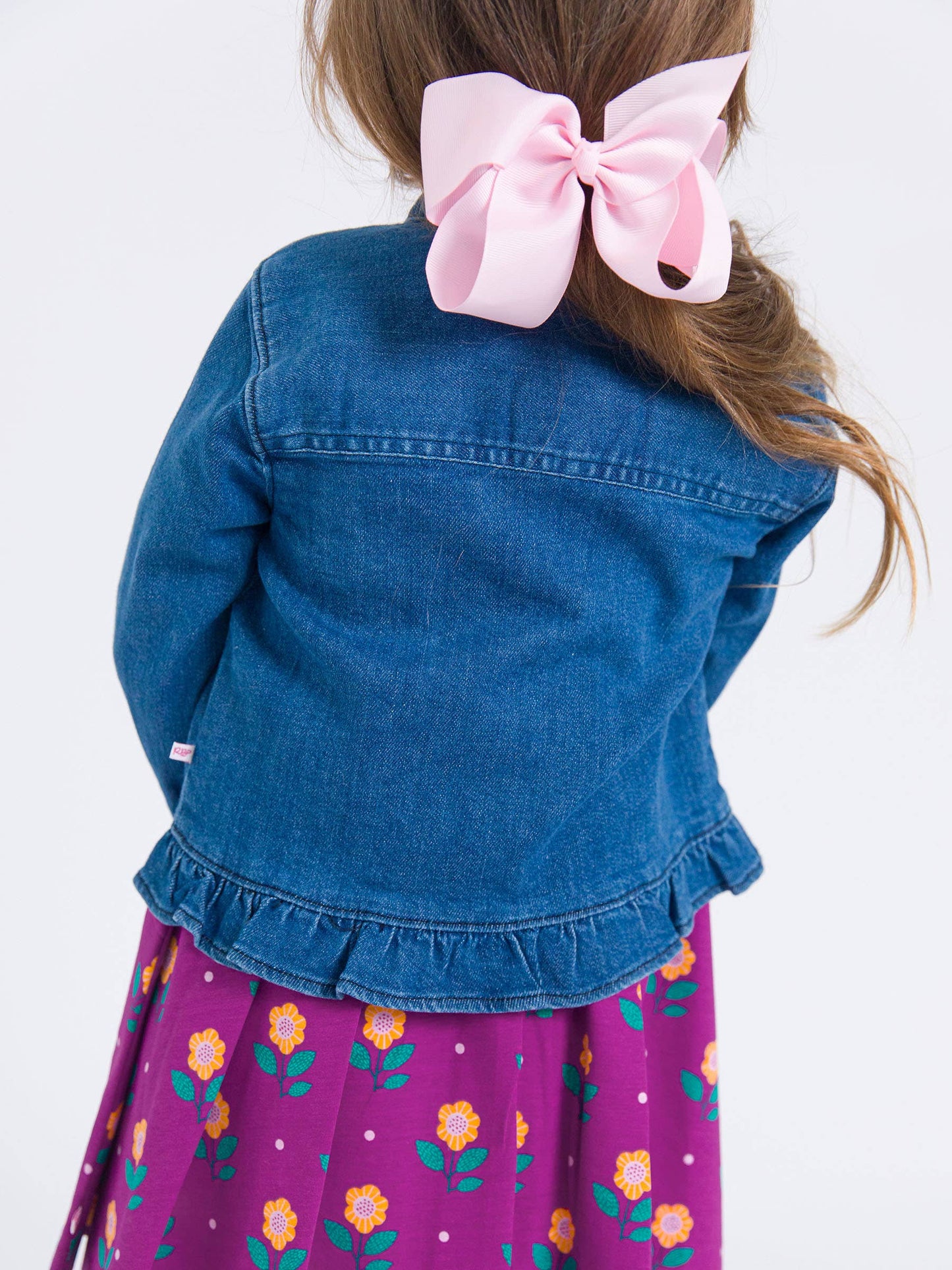 Girls Medium Wash Denim Stretch Denim Ruffle Jean Jacket with Heart Buttons: Blue / 18-24m