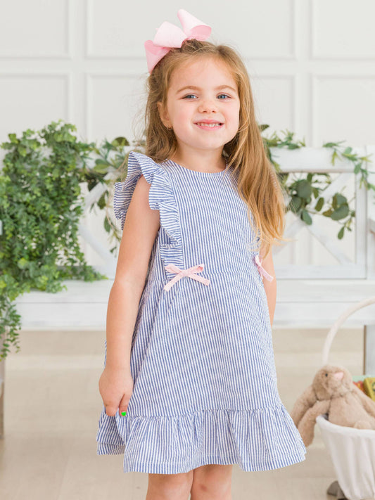 Girls Blue Seersucker Pinafore Bow Dress