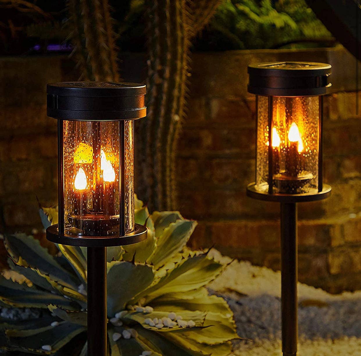 Solar Flickering Candle Lantern Outdoor Garden Stake Lights (2Pack, Black)