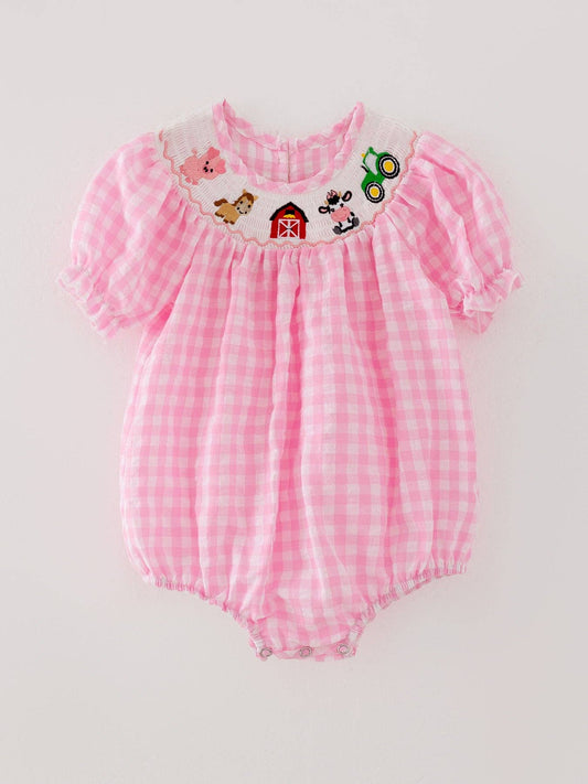 Farm Pink Smocking Embroidered Girls Romper: 3M - Edwina Alexis