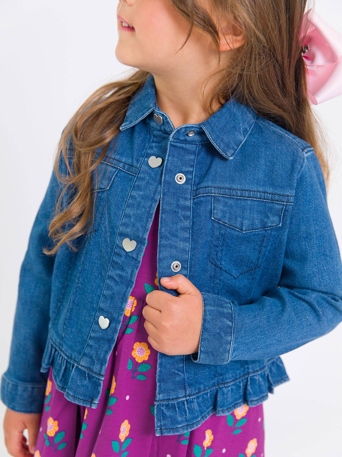Girls Medium Wash Denim Stretch Denim Ruffle Jean Jacket with Heart Buttons: Blue / 18-24m