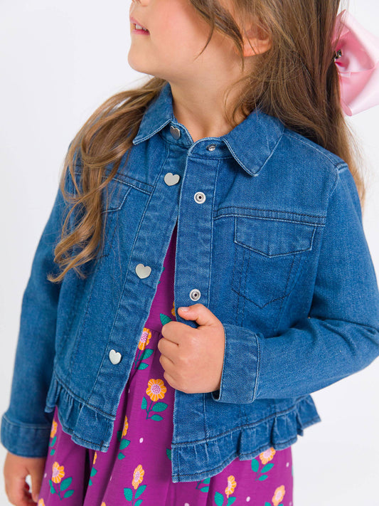 Girls Medium Wash Denim Stretch Denim Ruffle Jean Jacket with Heart Buttons: Blue / 18-24m