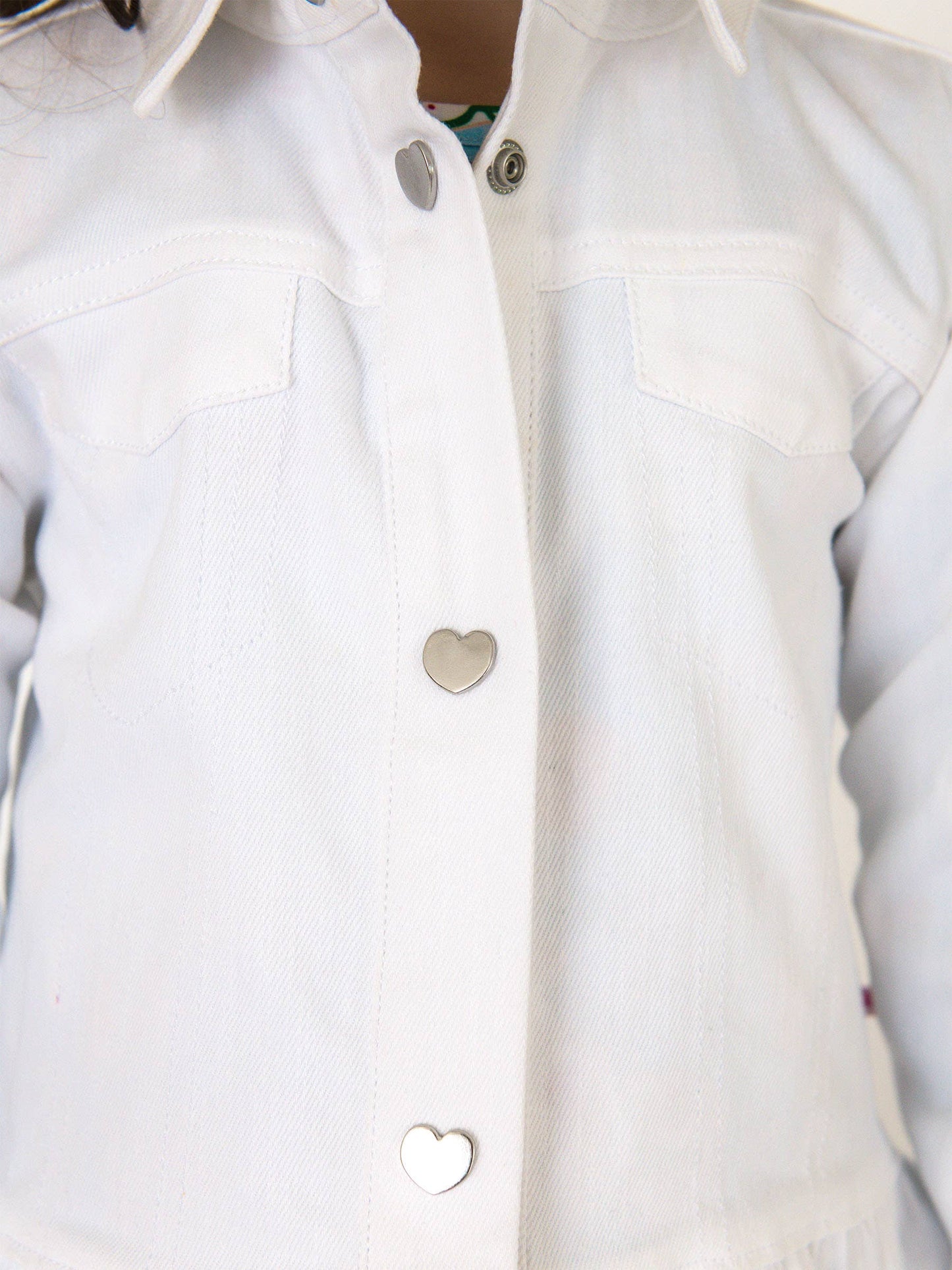 Girls White Stretch Denim Ruffle Jean Jacket with Heart Buttons: White / 2T