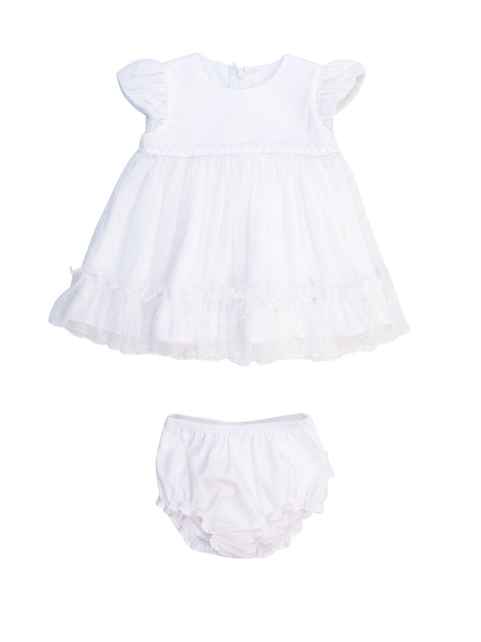 Baby Girls White Dotted Tulle Dress & RuffleButt Set: White / 12-18m