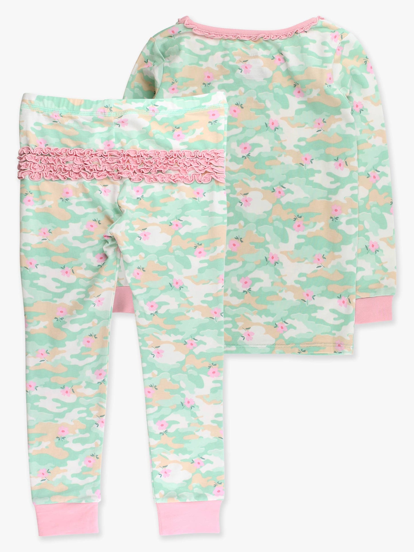 SoftSnooze™ Toddler Girls Cotton Modal Sage Blossom Camo Ruffle Long Sleeve Pajama Set with Signature Rear Ruffles