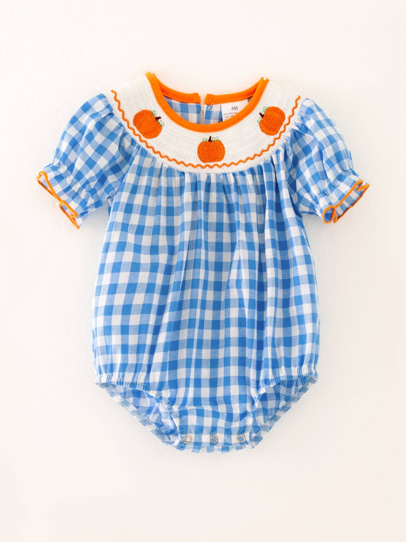 Halloween Bule Girls Woven Smocking Embroidered Plaid Romper: 3M - Edwina Alexis