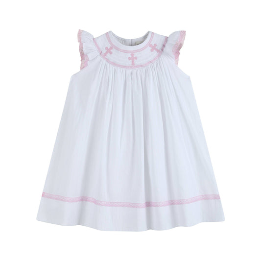 White and Pink Cross Smocked Bishop Dress: 12-18M
