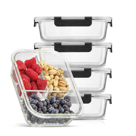 JoyJolt 3-Sectional Food Prep Storage Containers - Set of 5: Black